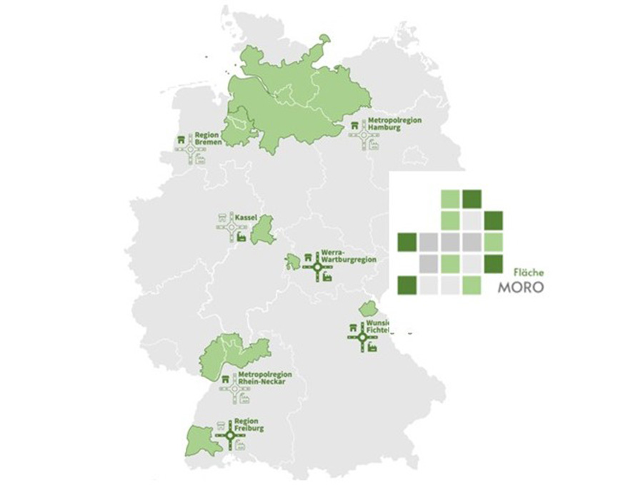 Modellvorhaben MORO Fläche Deutschlandkarte mit markierten Modellregionen des Programms MORO Fläche, darunter die Metropolregion Rhein-Neckar