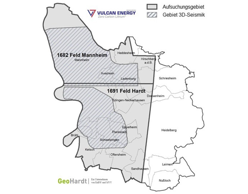 Karte Geothermie Karte der Region Mannheim/Heidelberg mit markierten Aufsuchungsgebieten und 3D-seismischen Untersuchungsflächen von Vulcan Energy.