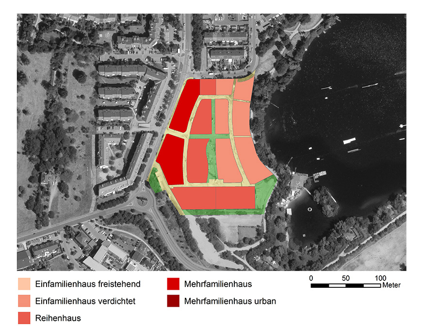 Bautypologie Rheinauer See Karte des Planungsgebiets Rheinauer See mit farblich markierten Wohnbautypen wie Einfamilienhäusern, Reihenhäusern und Mehrfamilienhäusern