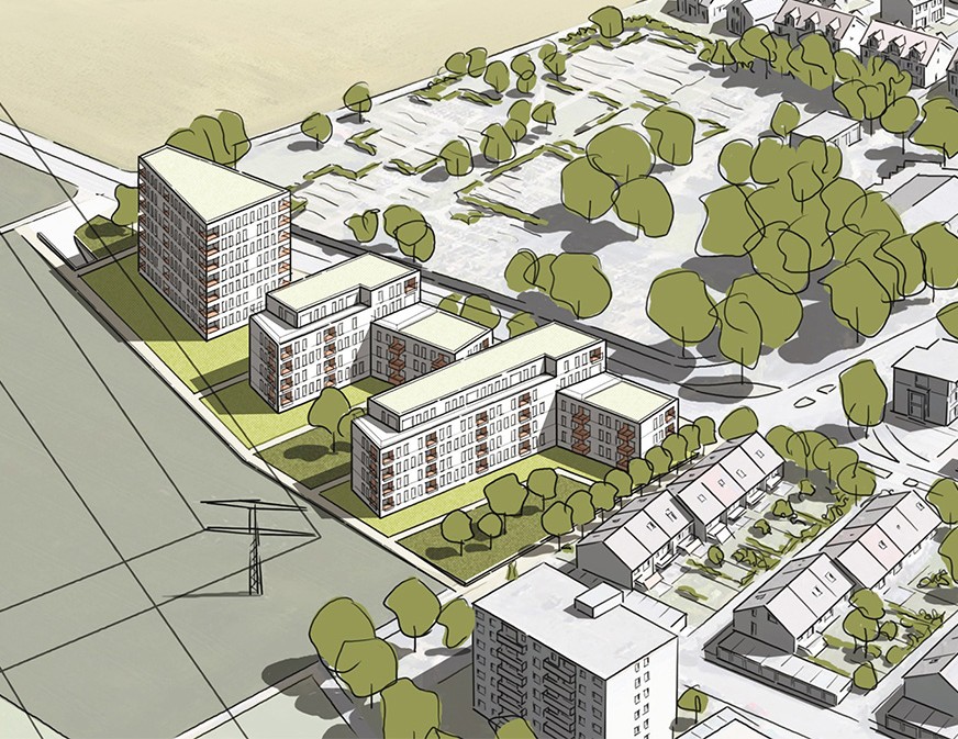 Städtebaulicher Entwurf Ilvesheim Illustration eines städtebaulichen Entwurfs mit Mehrfamilienhäusern, Reihenhäusern und Grünflächen in Ilvesheim