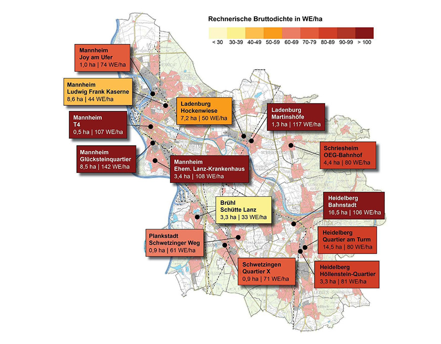 Wohnbauprojekte und Bebauungsdichte Karte des Verbandsgebiets mit markierten Wohnbauprojekten und dargestellter Bebauungsdichte in Wohneinheiten pro Hektar