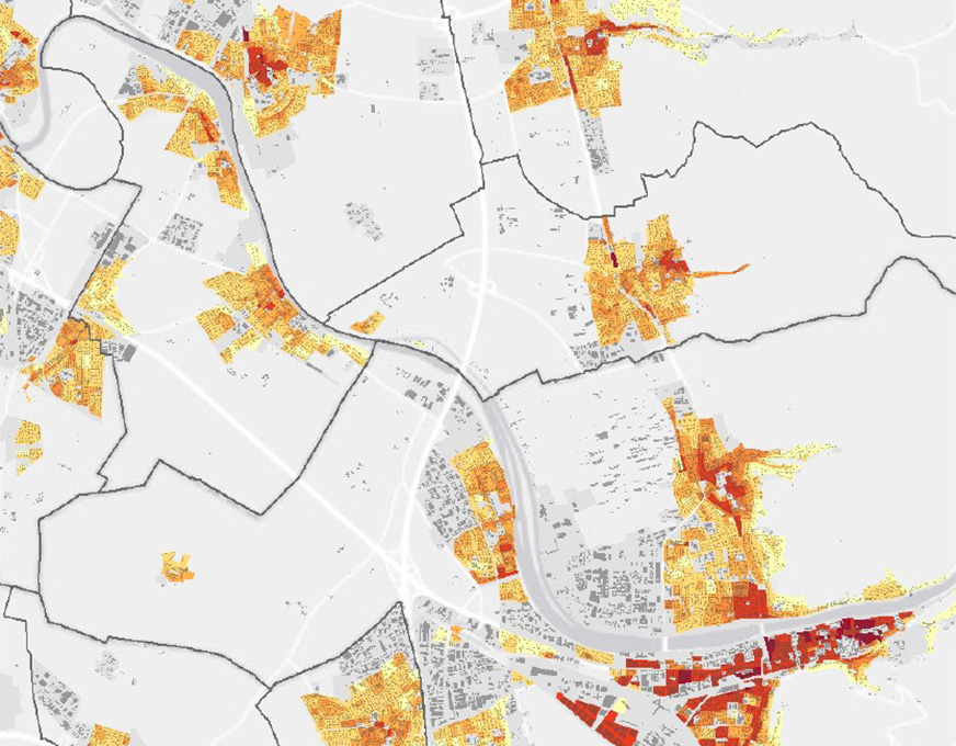 Bebauungsdichte im Verbandsgebiet Kartenausschnitt mit farblich dargestellter Bebauungsdichte und Ausnutzung von Flächen im Verbandsgebiet